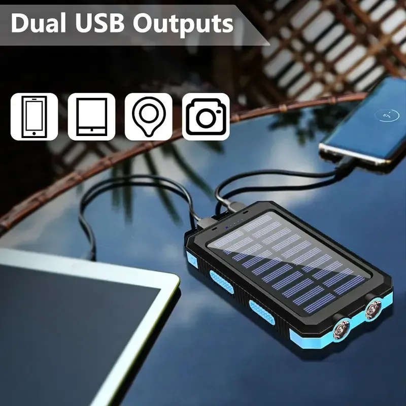 1pc, 10000mAh Capacity Portable Charger Solar Power Bank Dual 5V USB Ports Output With LED Flashlight, Compass For Mobile Phones, Mobile Devices, Travel, And Camping External Backup Battery Pack, The Best Gift For Festival