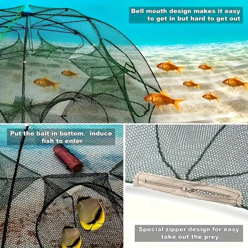 twelve Hole Hex Portable Fishing Net Catcher - Durable Nylon Lobster, Crab and Fish Catching Tool for Outdoor Fishing Adventures