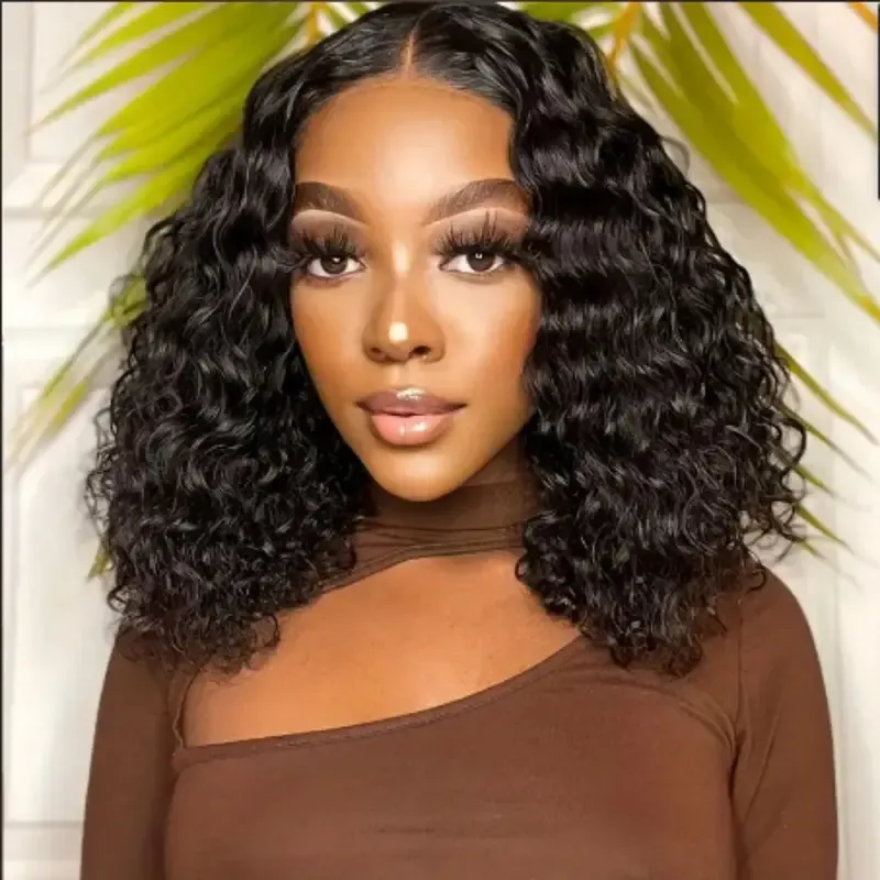 4x4 Put On And Go Glueless Bob Wig Human Hair Curly For Women Kinky Curly Lace Front Wig Human Hair Pre Plucked Pre Cut Lace Ready To Wear 180% Density Natural Black
