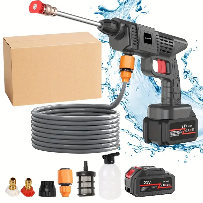 Portable Cordless Handheld High Pressure Car Wash Gun, 1 Rechargeable Battery Powered, Nozzle Stainless Steel Handheld Pressure Car Wash Gun Cleaning Kit For Car Detailing, Fencing, Floor Cleaning, Plants And More.