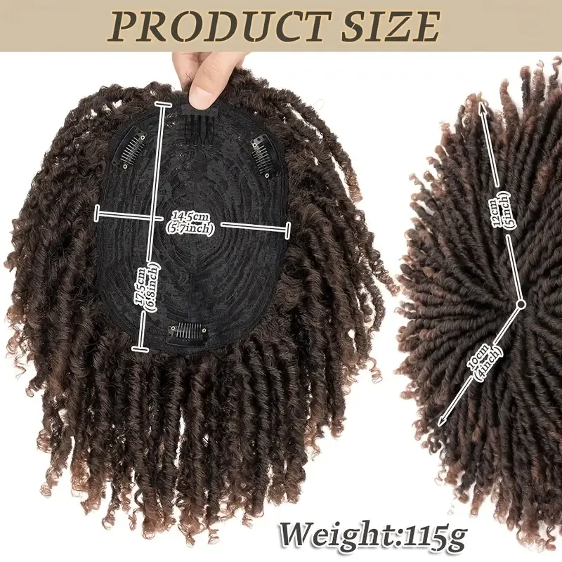 1pc Unisex Afro Curly Kinky Dreadlocks Hair Topper - Handmade Crochet Braided Clip-In Hair Extensions, Synthetic Faux Locs Toupee, Reggae Punk Dreads Wiglet, Hairpiece for Thinning Hair, Black Brown
