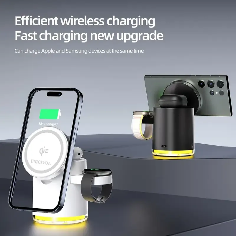 3in 1 Charging Station for Apple-Devices, Mag-Safe Charger Stand, CylinTrick-R Qi2 15W Auto-Rotating Wireless Charging Station for iPhone 16 15 14 13 12 Series& Air-Pods& IWatch(15W Charger Included)