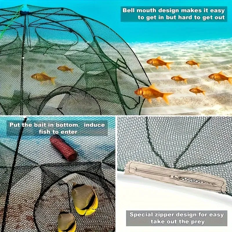 twelve Hole Hex Portable Fishing Net Catcher - Durable Nylon Lobster, Crab and Fish Catching Tool for Outdoor Fishing Adventures