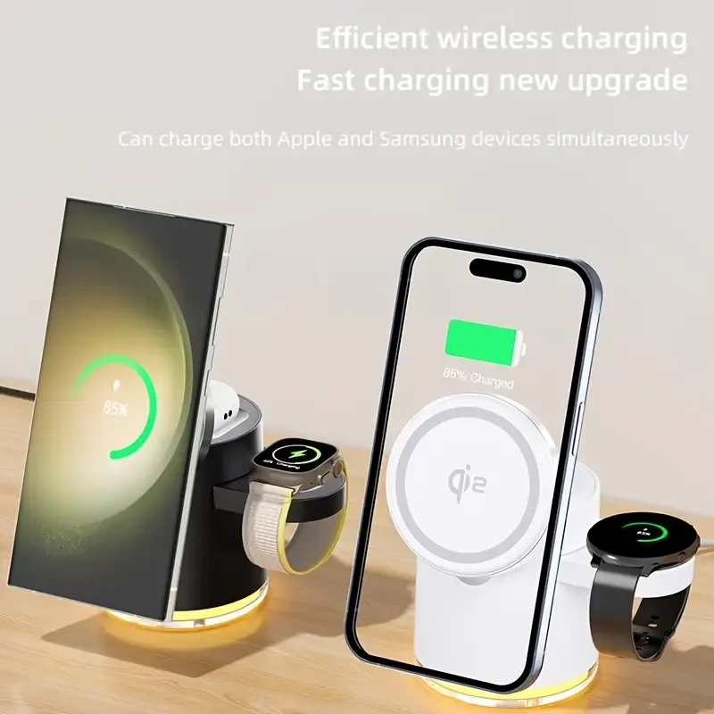 3in 1 Charging Station for Apple-Devices, Mag-Safe Charger Stand, CylinTrick-R Qi2 15W Auto-Rotating Wireless Charging Station for iPhone 16 15 14 13 12 Series& Air-Pods& IWatch(15W Charger Included)