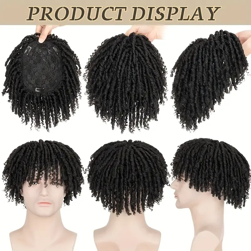 1pc Unisex Afro Curly Kinky Dreadlocks Hair Topper - Handmade Crochet Braided Clip-In Hair Extensions, Synthetic Faux Locs Toupee, Reggae Punk Dreads Wiglet, Hairpiece for Thinning Hair, Black Brown