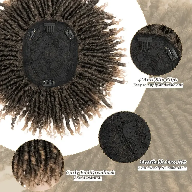 1pc Unisex Afro Curly Kinky Dreadlocks Hair Topper - Handmade Crochet Braided Clip-In Hair Extensions, Synthetic Faux Locs Toupee, Reggae Punk Dreads Wiglet, Hairpiece for Thinning Hair, Black Brown