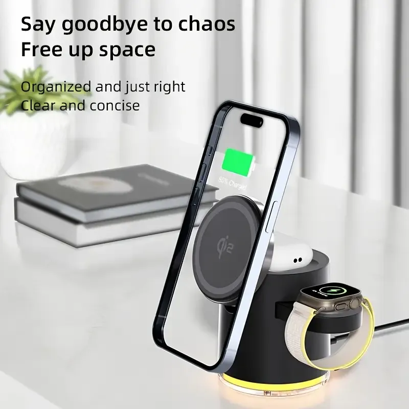3in 1 Charging Station for Apple-Devices, Mag-Safe Charger Stand, CylinTrick-R Qi2 15W Auto-Rotating Wireless Charging Station for iPhone 16 15 14 13 12 Series& Air-Pods& IWatch(15W Charger Included)