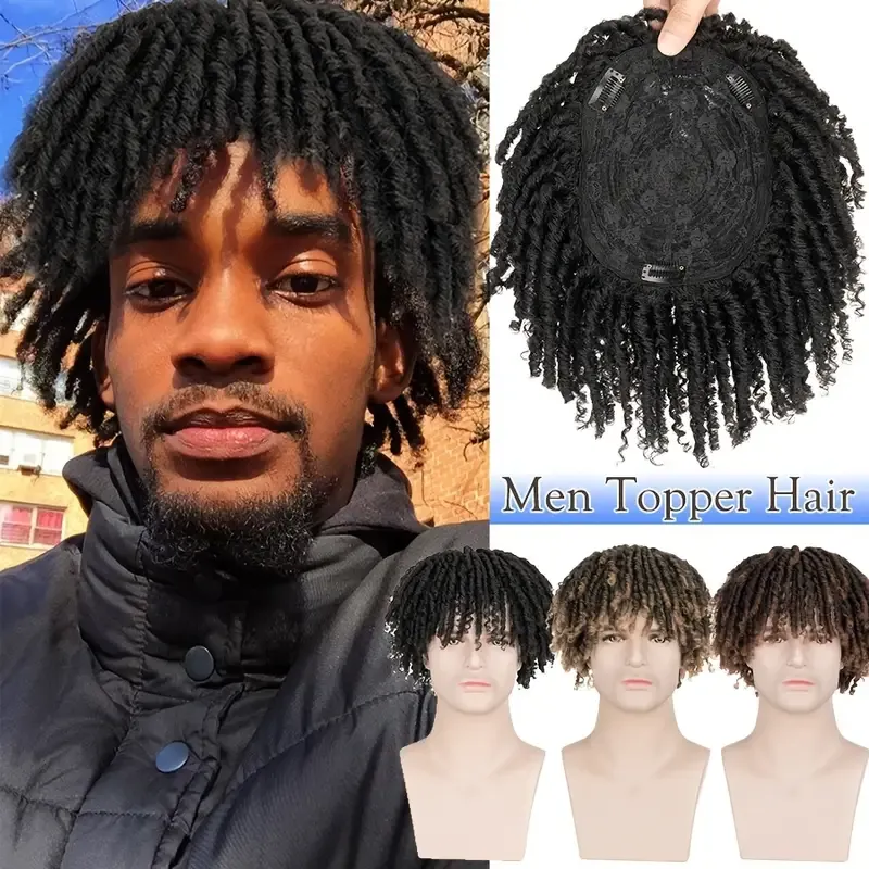 1pc Unisex Afro Curly Kinky Dreadlocks Hair Topper - Handmade Crochet Braided Clip-In Hair Extensions, Synthetic Faux Locs Toupee, Reggae Punk Dreads Wiglet, Hairpiece for Thinning Hair, Black Brown