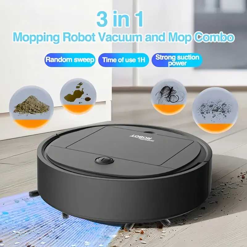 3-in-1 Robot Vacuum Cleaner And Mop Combo, USB Rechargeable, Strong Suction, 60-minute Runtime, Slim And Low-noise Design, Suitable for Pet Hair, Hard Floors And Daily Cleaning, Automatic Direction Mop, Pet Hair Cleaner | Robot Vacuum Cleaner