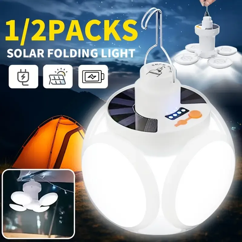 2 Packs Solar-Powered LED Football Light  - 5- Sided Brightness for Camping, Hiking & Emergency! Rechargeable   Foldable Outdoor Light