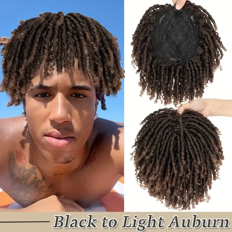 1pc Unisex Afro Curly Kinky Dreadlocks Hair Topper - Handmade Crochet Braided Clip-In Hair Extensions, Synthetic Faux Locs Toupee, Reggae Punk Dreads Wiglet, Hairpiece for Thinning Hair, Black Brown
