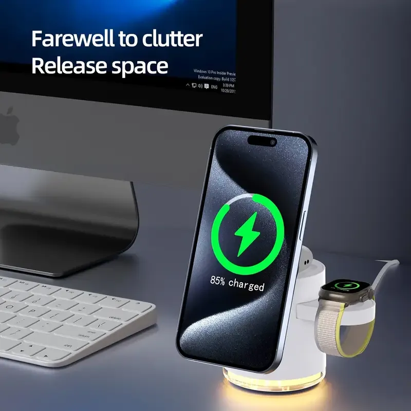 3in 1 Charging Station for Apple-Devices, Mag-Safe Charger Stand, CylinTrick-R Qi2 15W Auto-Rotating Wireless Charging Station for iPhone 16 15 14 13 12 Series& Air-Pods& IWatch(15W Charger Included)