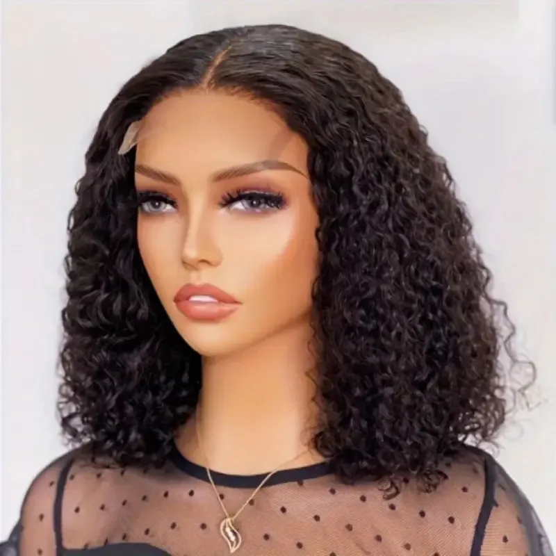 4x4 Put On And Go Glueless Bob Wig Human Hair Curly For Women Kinky Curly Lace Front Wig Human Hair Pre Plucked Pre Cut Lace Ready To Wear 180% Density Natural Black
