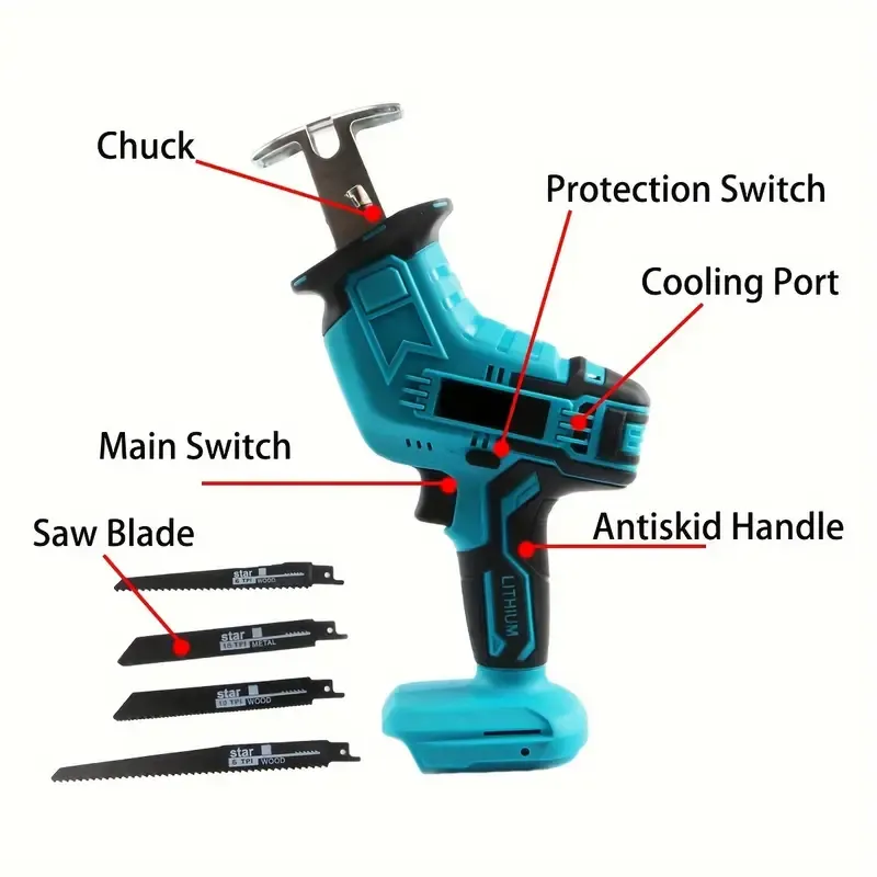 3000RPM Cordless Reciprocating Saw Power Saw, for Wood Metal Cutting, Variable Speed Cutting Tool with 4pcs Blades Fit Makita 18V Battery