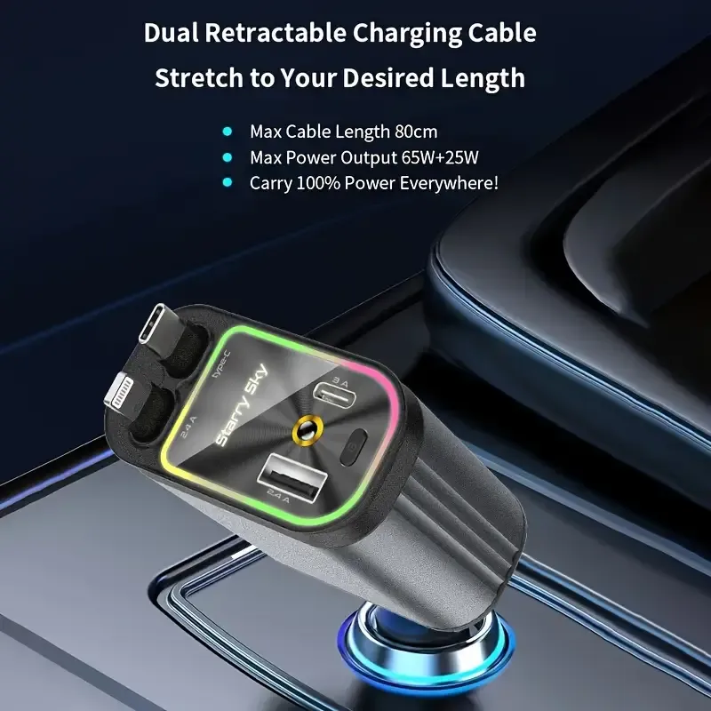 Retractable car charger with star projector and flame atmosphere light, 4-in-1 fast car phone charger with 79.25cm retractable cable and USB-C port, car charger adapter