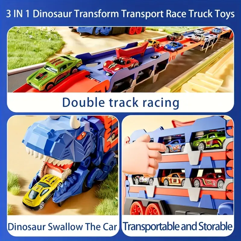 Multifunctional Dinosaur Transforming Transportation Track Toy, Swallowing Car Toys, Includes Foldable Sliding 56-Inch Double Race Track Truck with 12 Mini Cars, Random Colors and Styles