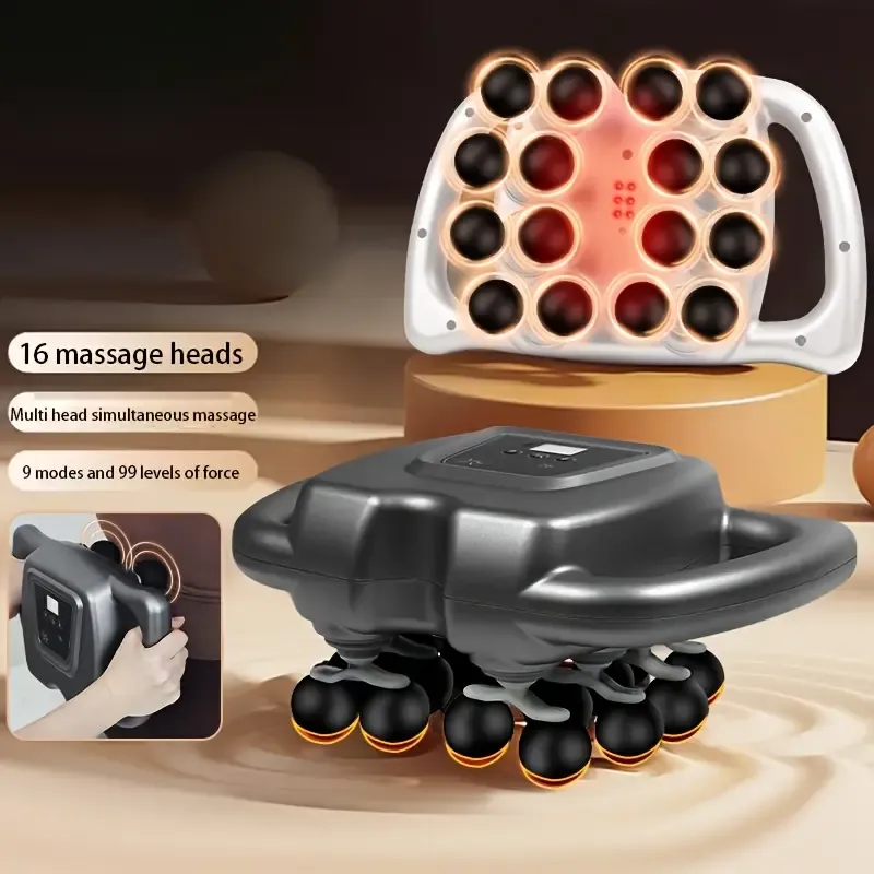 USB Rechargeable Deep Tissue Massage Gun with 16 Interchangeable Heads, 9 Modes & 99 Intensity Levels – Portable Muscle Relaxer for Full-Body Use, Brown, Massage Tools