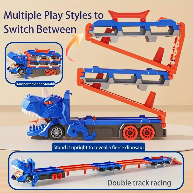 Multifunctional Dinosaur Transforming Transportation Track Toy, Swallowing Car Toys, Includes Foldable Sliding 56-Inch Double Race Track Truck with 12 Mini Cars, Random Colors and Styles