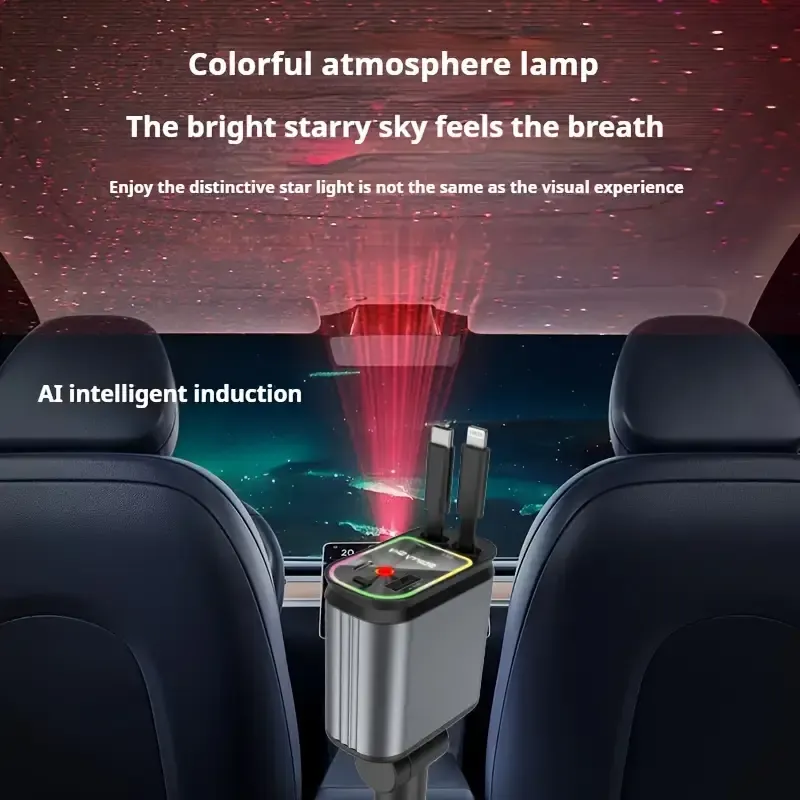 Retractable car charger with star projector and flame atmosphere light, 4-in-1 fast car phone charger with 79.25cm retractable cable and USB-C port, car charger adapter