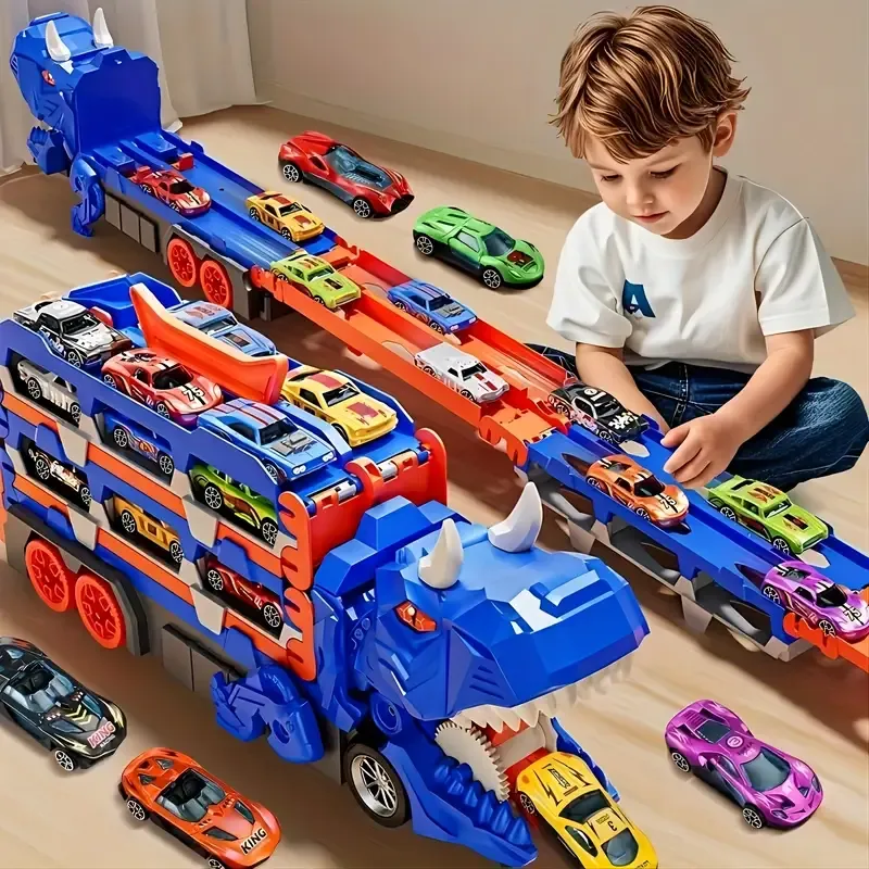 Multifunctional Dinosaur Transforming Transportation Track Toy, Swallowing Car Toys, Includes Foldable Sliding 56-Inch Double Race Track Truck with 12 Mini Cars, Random Colors and Styles