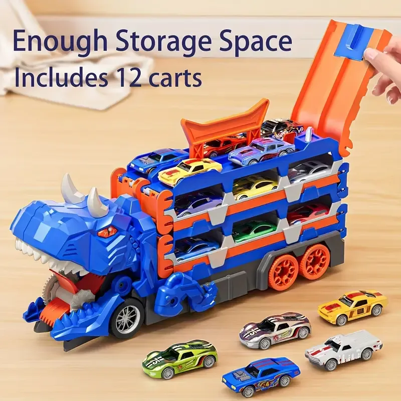 Multifunctional Dinosaur Transforming Transportation Track Toy, Swallowing Car Toys, Includes Foldable Sliding 56-Inch Double Race Track Truck with 12 Mini Cars, Random Colors and Styles