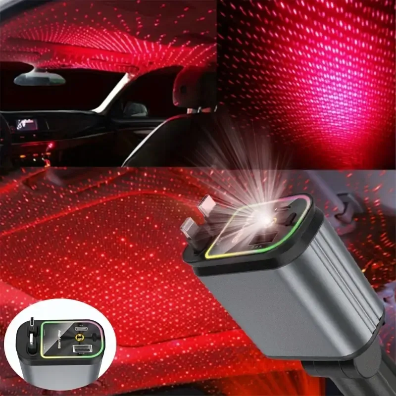 Retractable car charger with star projector and flame atmosphere light, 4-in-1 fast car phone charger with 79.25cm retractable cable and USB-C port, car charger adapter