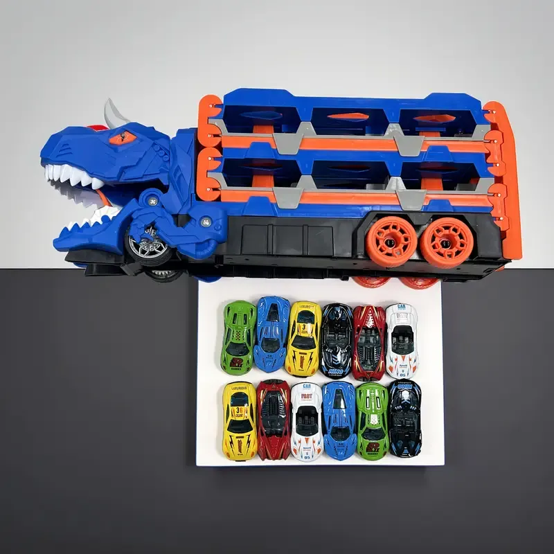 Multifunctional Dinosaur Transforming Transportation Track Toy, Swallowing Car Toys, Includes Foldable Sliding 56-Inch Double Race Track Truck with 12 Mini Cars, Random Colors and Styles