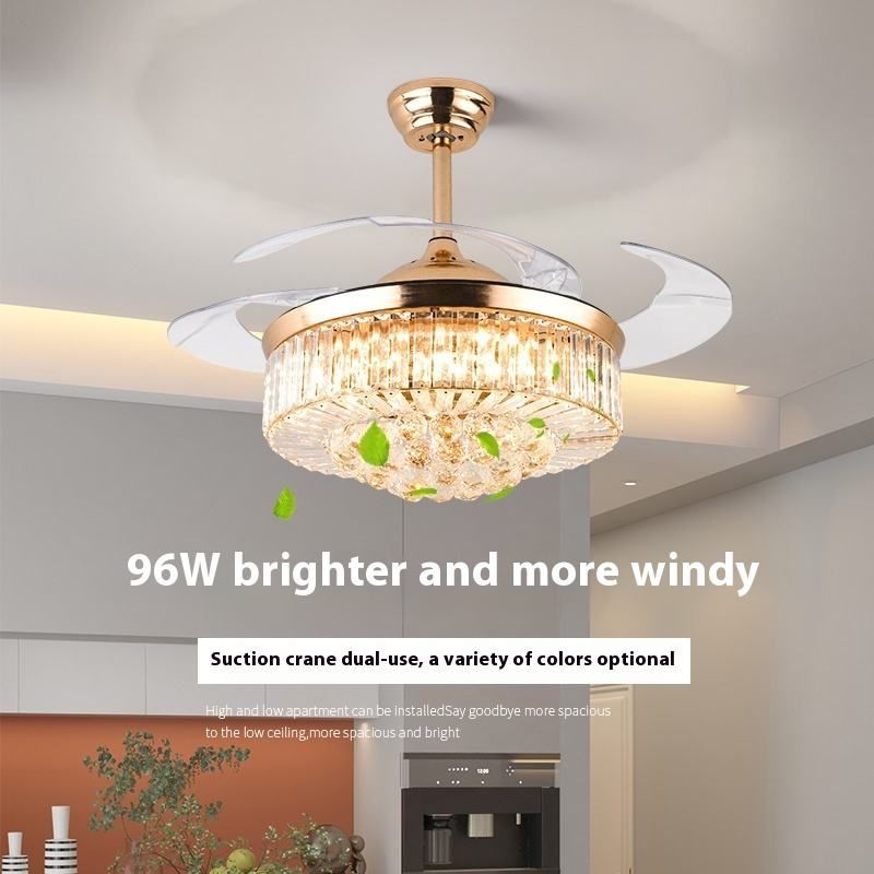 Remote-controlled crystal chandelier ceiling fan with hidden blades for home lighting