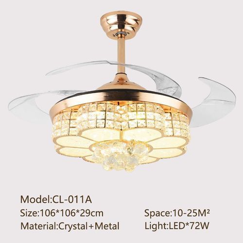 Remote-controlled crystal chandelier ceiling fan with hidden blades for home lighting