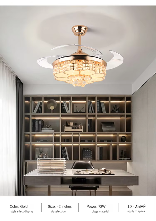 Remote-controlled crystal chandelier ceiling fan with hidden blades for home lighting