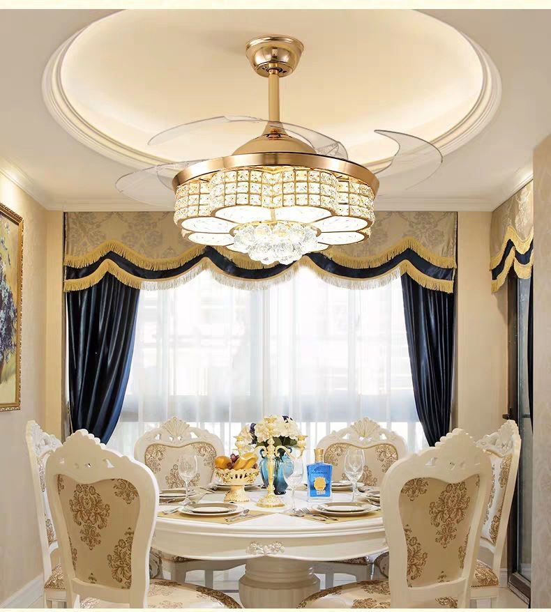 Remote-controlled crystal chandelier ceiling fan with hidden blades for home lighting