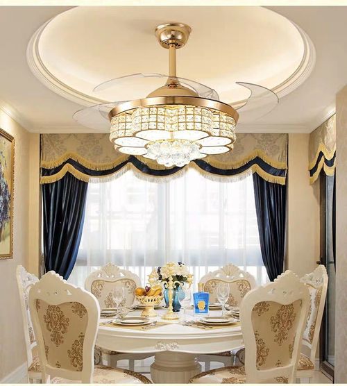 Remote-controlled crystal chandelier ceiling fan with hidden blades for home lighting