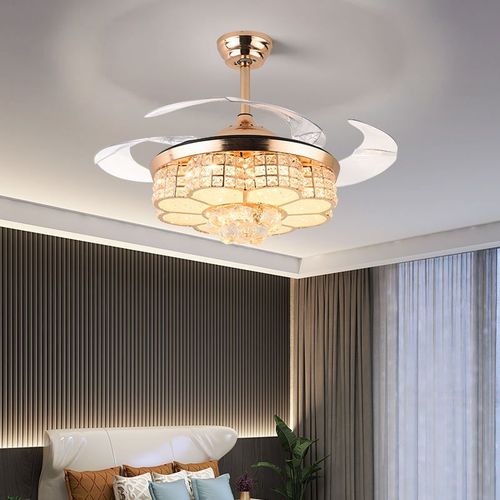 Remote-controlled crystal chandelier ceiling fan with hidden blades for home lighting