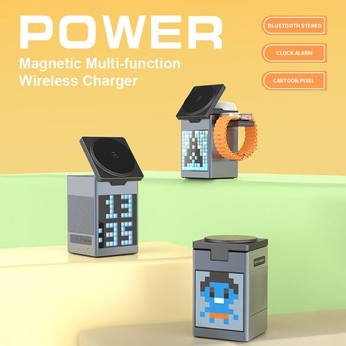 6-in-1 Pixel Animation BT Speaker Alarm Clock Multi-Functional Magnetic Wireless Phone Charger Stand
