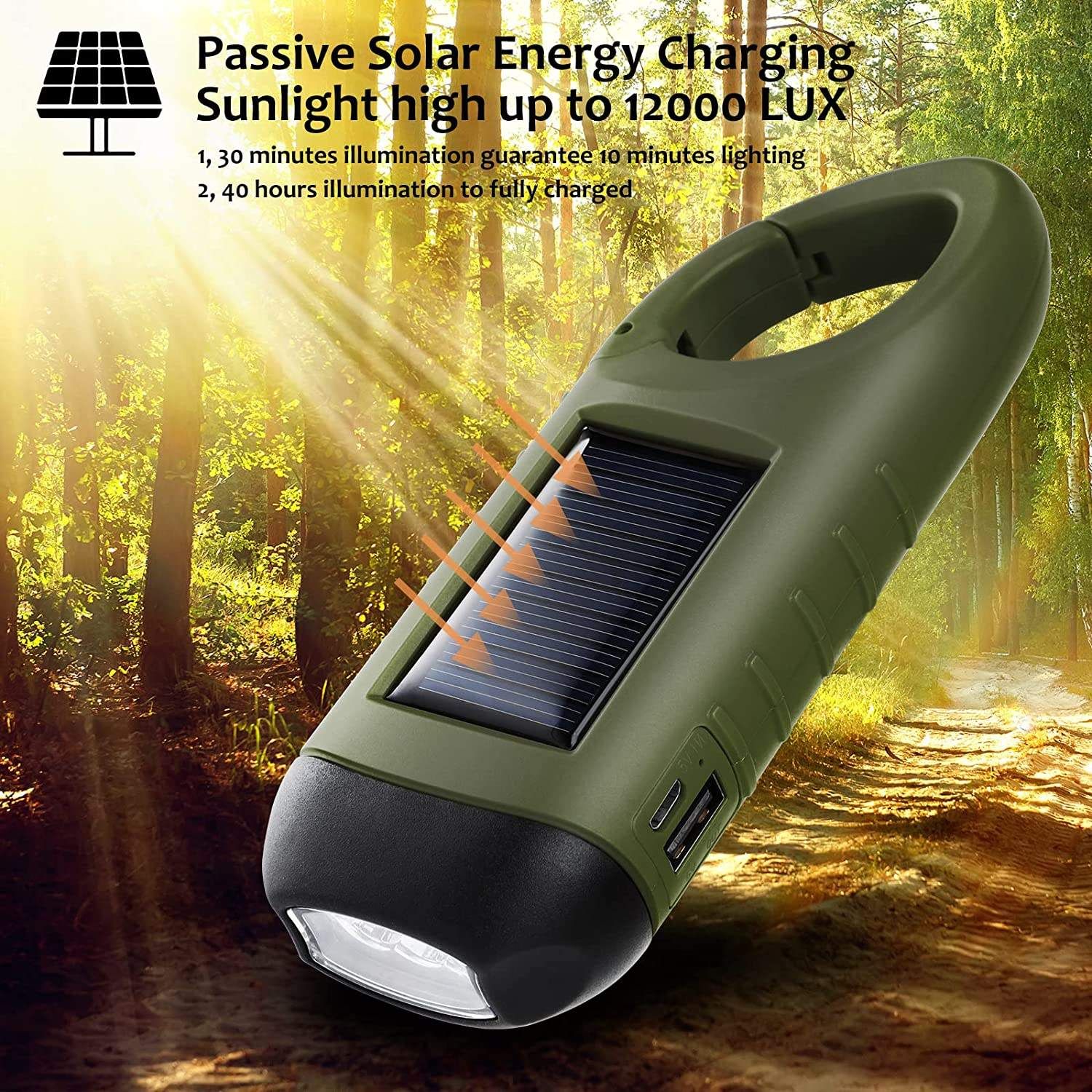 Hand crank solar generator flashlight rechargeable emergency LED mini keychain clip backpack flashlight outdoor flashlight