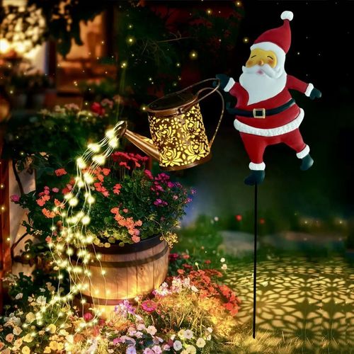 Solar IP65 LED Light Outdoor Garden Lawn Stake Christmas Santa Watering Can Lamp Decoration Iron Body