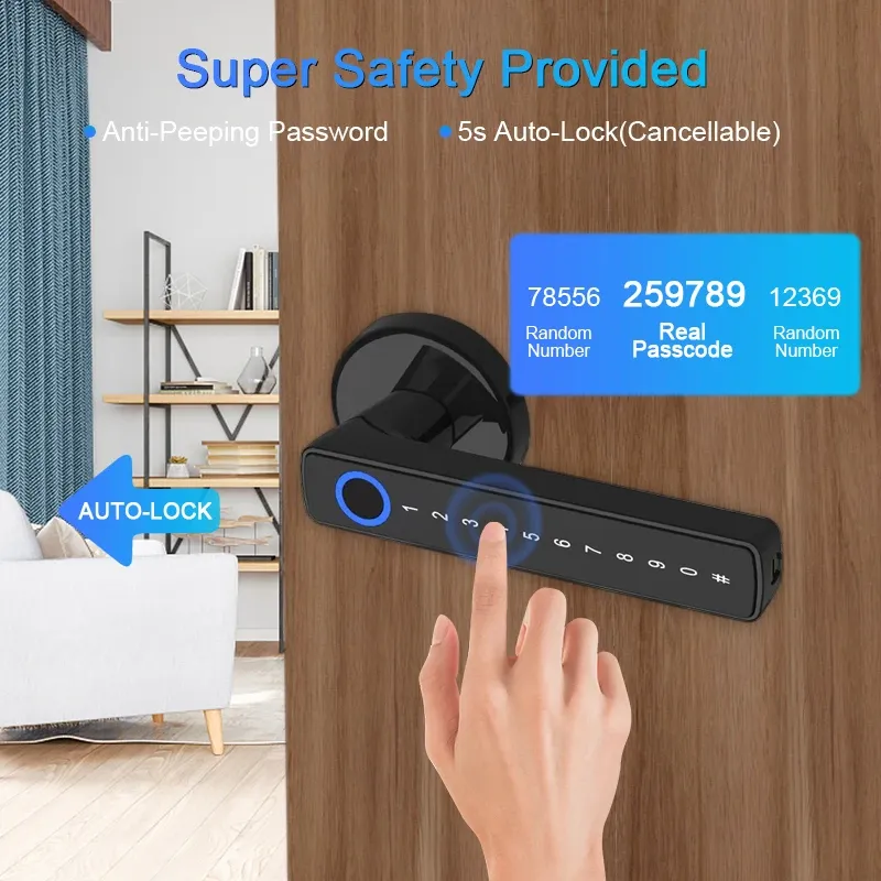 Motorized Smart Door Lock with Digital Door Handle Lever Fingerprint Code Key for Home Hotel Smartphone Compatibility