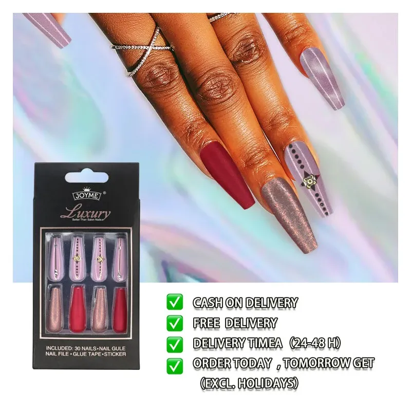 Rosalind Nail Art Supplies Colorful 30pcs kit Luxury Glamorous Fancy Fake Nails Press on Acrylic Long False Nail Set with Tools