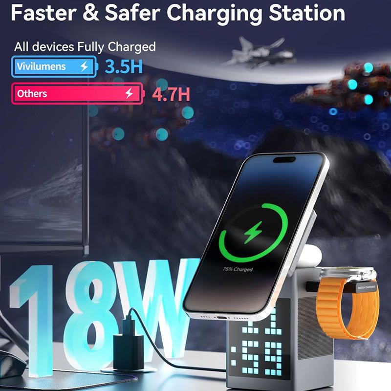 6-in-1 Pixel Animation BT Speaker Alarm Clock Multi-Functional Magnetic Wireless Phone Charger Stand