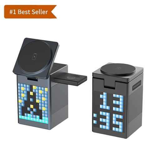 6-in-1 Pixel Animation BT Speaker Alarm Clock Multi-Functional Magnetic Wireless Phone Charger Stand