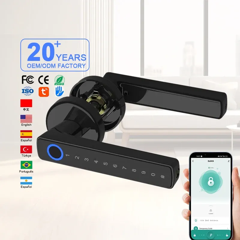 Motorized Smart Door Lock with Digital Door Handle Lever Fingerprint Code Key for Home Hotel Smartphone Compatibility