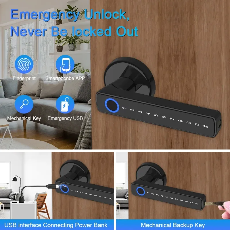 Motorized Smart Door Lock with Digital Door Handle Lever Fingerprint Code Key for Home Hotel Smartphone Compatibility