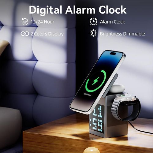 6-in-1 Pixel Animation BT Speaker Alarm Clock Multi-Functional Magnetic Wireless Phone Charger Stand