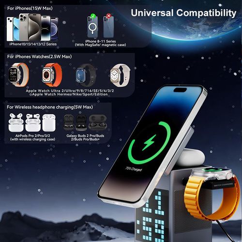 6-in-1 Pixel Animation BT Speaker Alarm Clock Multi-Functional Magnetic Wireless Phone Charger Stand
