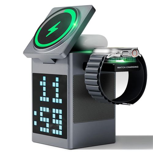 6-in-1 Pixel Animation BT Speaker Alarm Clock Multi-Functional Magnetic Wireless Phone Charger Stand