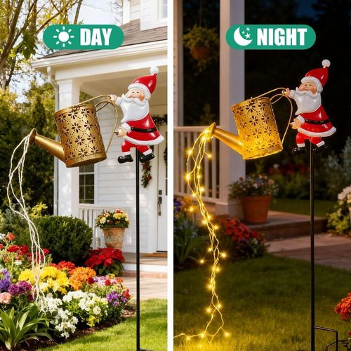Solar IP65 LED Light Outdoor Garden Lawn Stake Christmas Santa Watering Can Lamp Decoration Iron Body