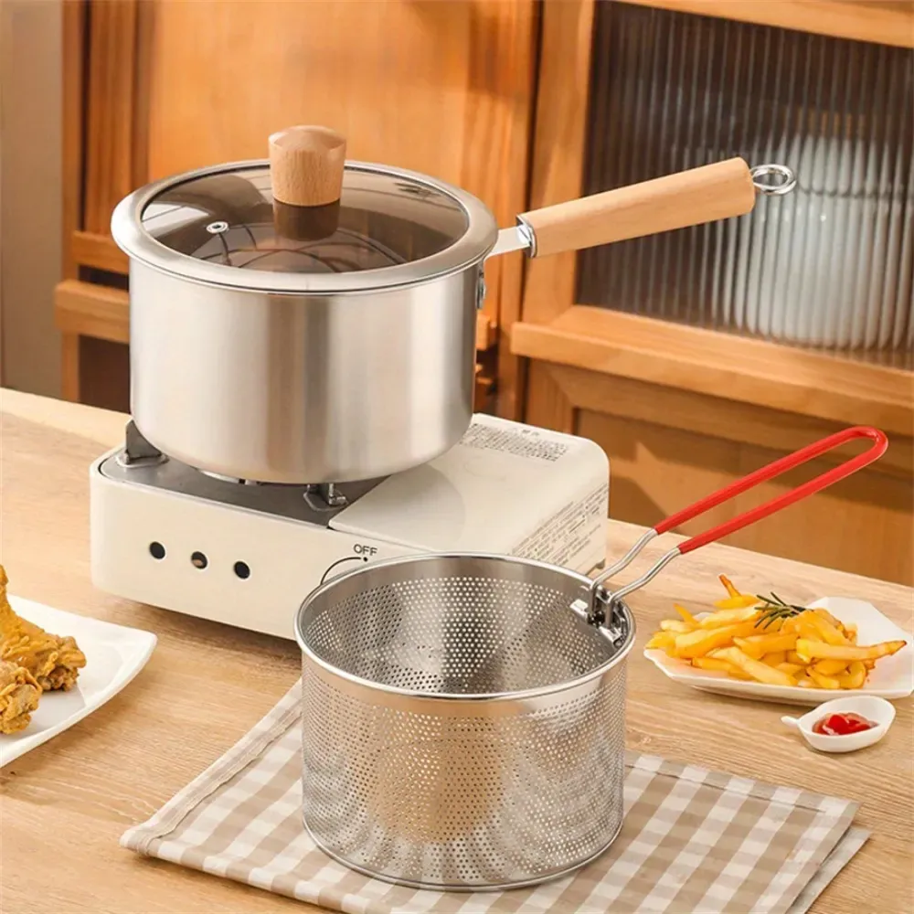 304 Stainless Steel Deep Fryer Long Handle Transparent Lid Household Kitchen Fryer Strainer Skewers Deepened Pot