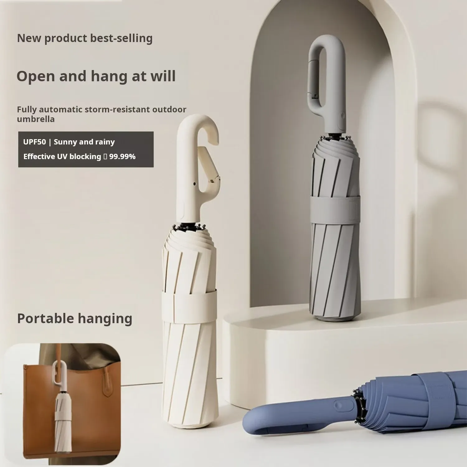Fully Automatic 72-Bone Ring Buckle Umbrella 3 Fold  Sunny Rainy Dual-Use Foldable Business Sun Protector