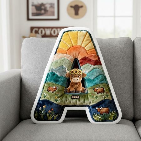Cute Highland Cow Alphabet Initial Letter Shaped Pillow - Personalized Gifts For Highland Cow Lovers
