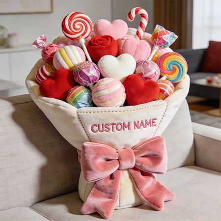 Personalized candy bouquet themed throw pillow